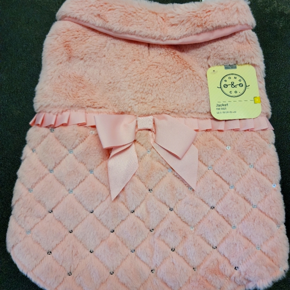 Size Medium Faux Pink Fur dog jacket with "diamond" accents